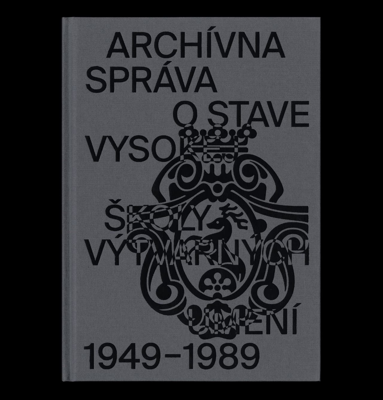 Gray exhibition poster with black typography and an ornamental central emblem