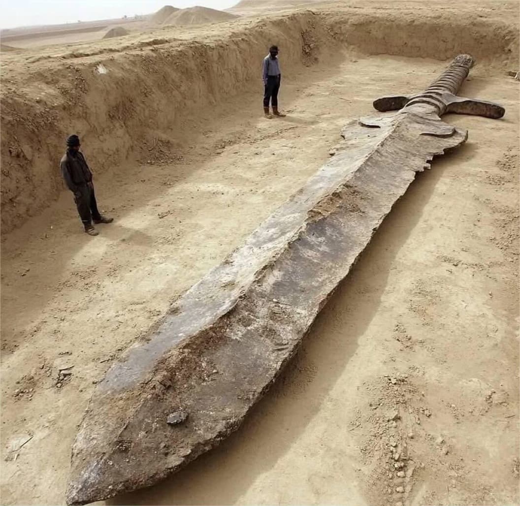 Imagen de una espada de gran tamaño dentro de una excavación, junto a varias figuras humanas.