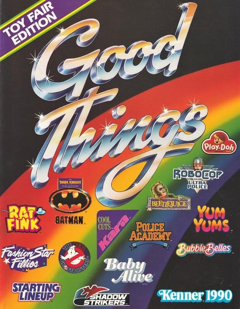 Good Things magazine cover with rainbow lettering and colorful toy logos