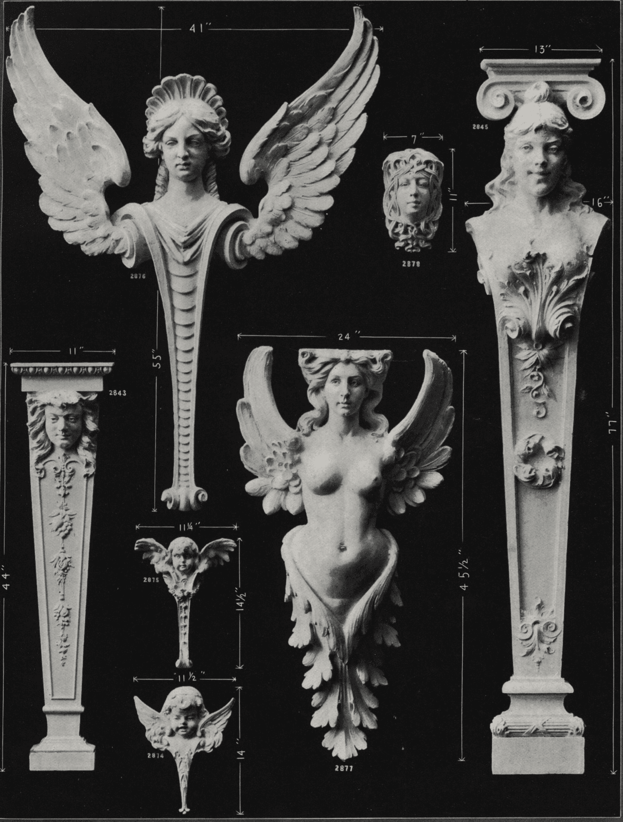 Lámina en blanco y negro con columnas ornamentales, figuras aladas y motivos clásicos.