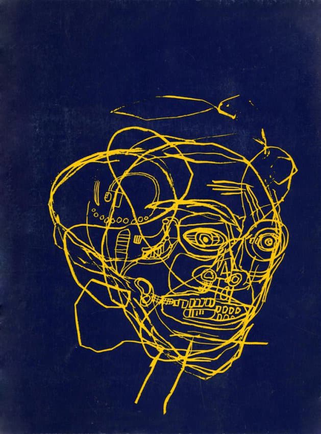 Rostro dibujado mediante trazos amarillos superpuestos sobre un fondo azul oscuro.